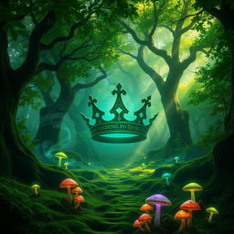 A vibrant green fantasy landscape featuring a large, fractured crown symbol, set within a sprawling wild forest