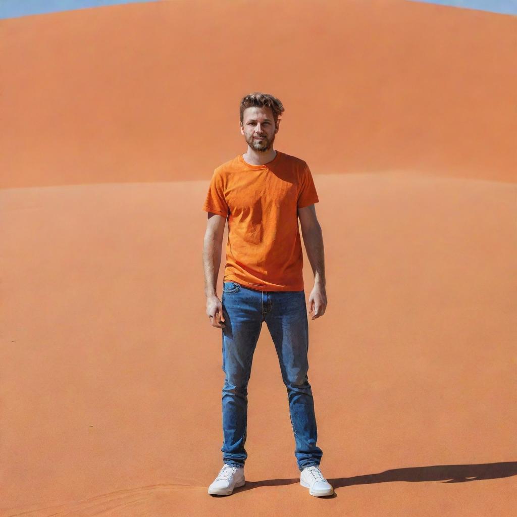 An individual in the middle of a vivid orange desert, wearing a t-shirt and jeans