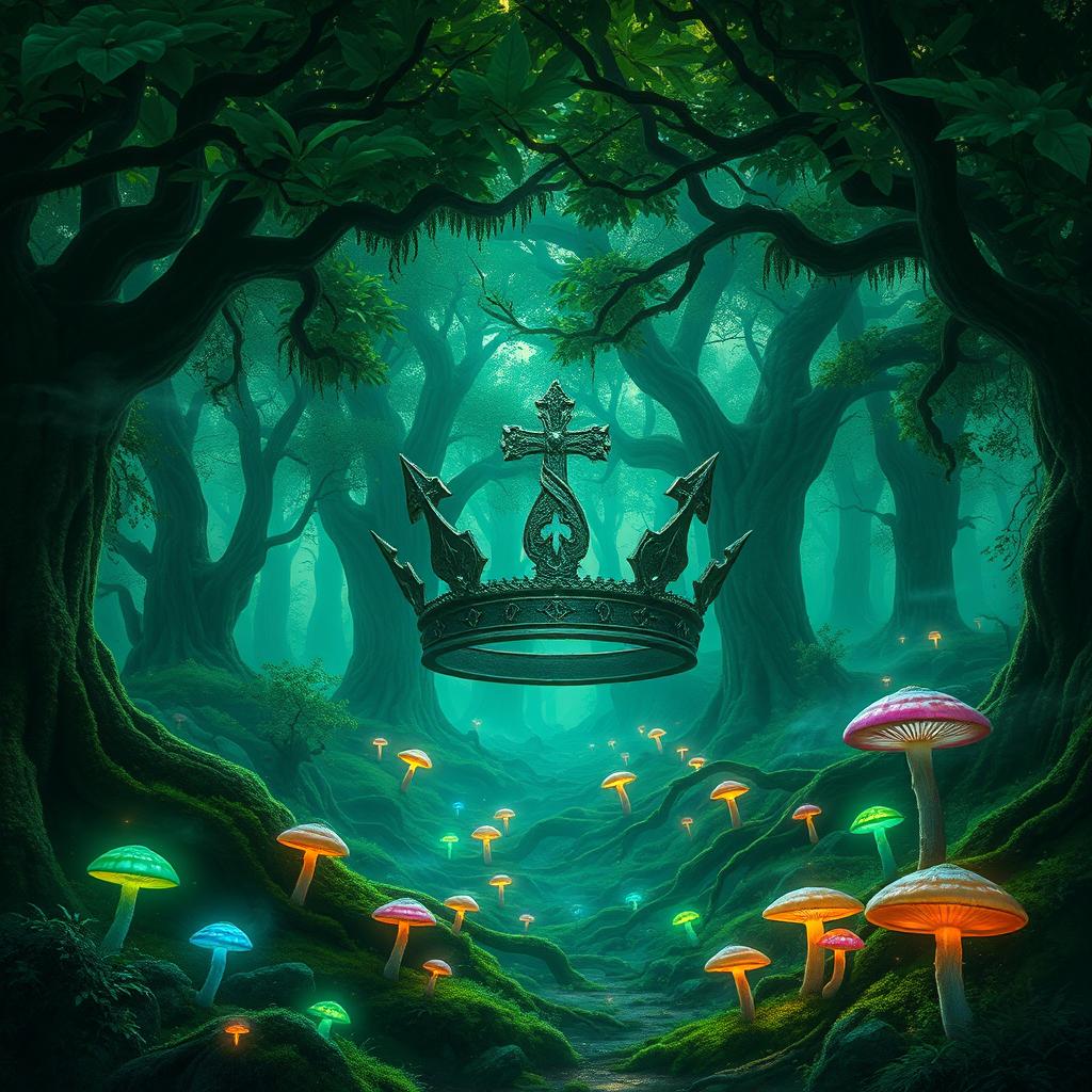 A vibrant green fantasy landscape featuring a large, fractured crown symbol, set within a sprawling wild forest