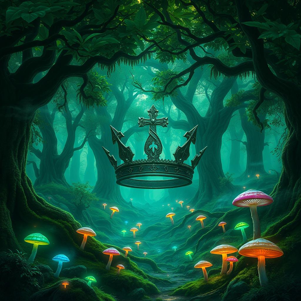 A vibrant green fantasy landscape featuring a large, fractured crown symbol, set within a sprawling wild forest