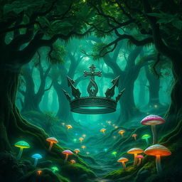 A vibrant green fantasy landscape featuring a large, fractured crown symbol, set within a sprawling wild forest