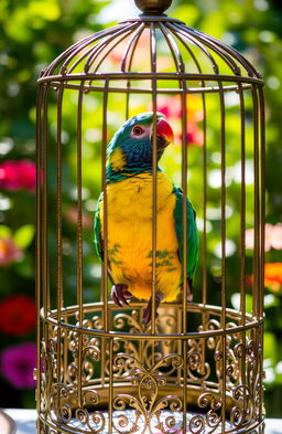 A beautiful bird sitting gracefully in a decorative cage