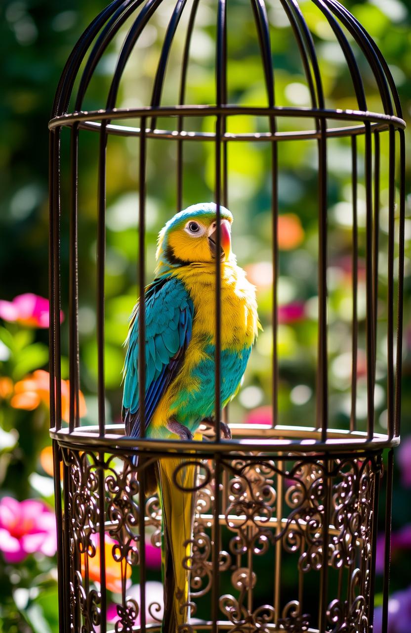 A beautiful bird sitting gracefully in a decorative cage