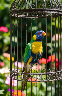 A beautiful bird sitting gracefully in a decorative cage