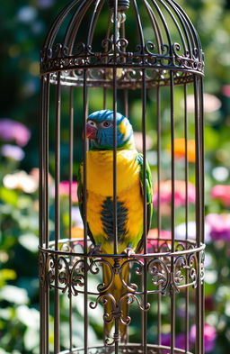 A beautiful bird sitting gracefully in a decorative cage