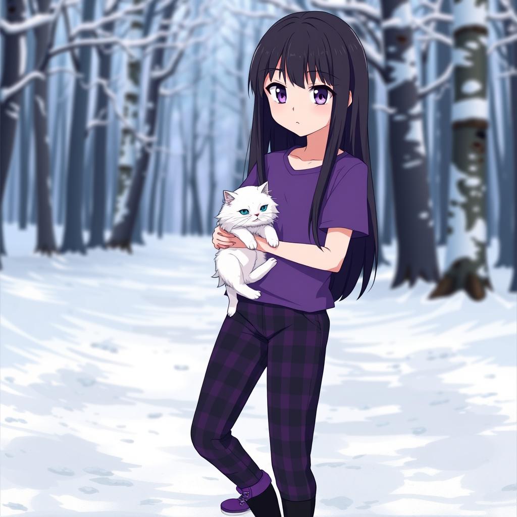 An anime girl with long, straight hair that reaches her waist, dark in color, featuring captivating purple eyes and pale skin