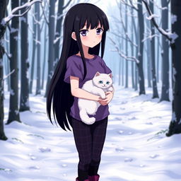 An anime girl with long, straight hair that reaches her waist, dark in color, featuring captivating purple eyes and pale skin