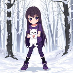 An anime girl with long, straight hair that reaches her waist, dark in color, featuring captivating purple eyes and pale skin