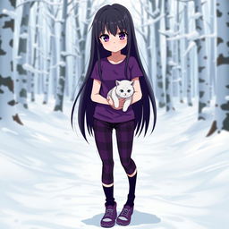 An anime girl with long, straight hair that reaches her waist, dark in color, featuring captivating purple eyes and pale skin