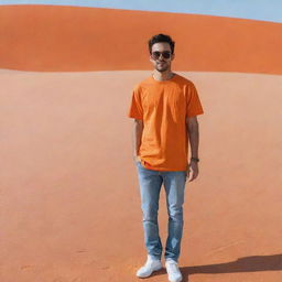 An individual in the middle of a vivid orange desert, wearing a t-shirt and jeans