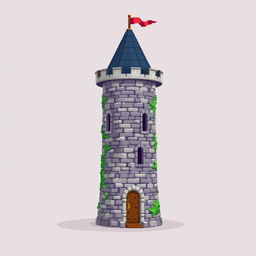 A side view of a pixelated medieval tower set against a plain empty background, crafted in a delightful pixel art style