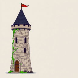 A side view of a pixelated medieval tower set against a plain empty background, crafted in a delightful pixel art style