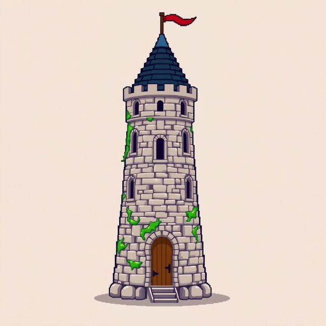 A side view of a pixelated medieval tower set against a plain empty background, crafted in a delightful pixel art style