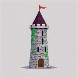 A side view of a pixelated medieval tower set against a plain empty background, crafted in a delightful pixel art style