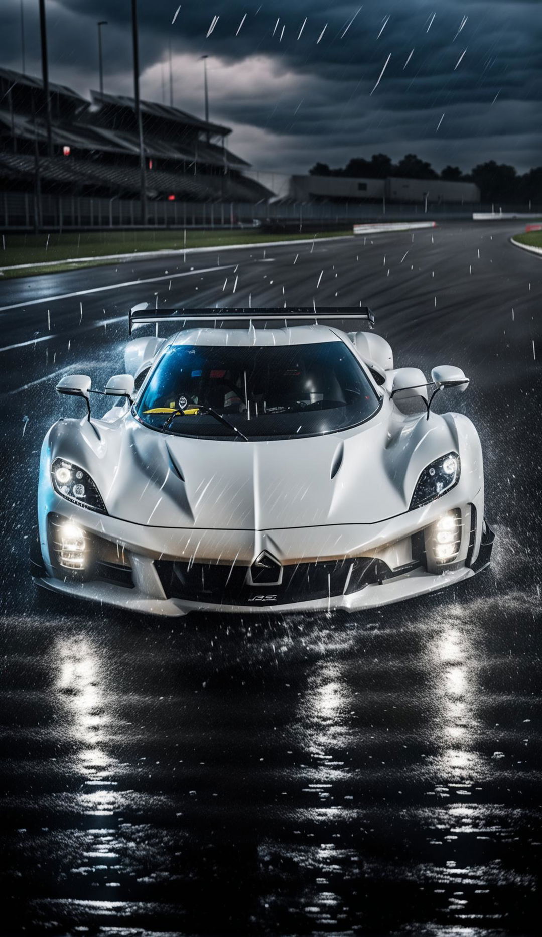 White Zenvo on a rainy track coming around a corner.