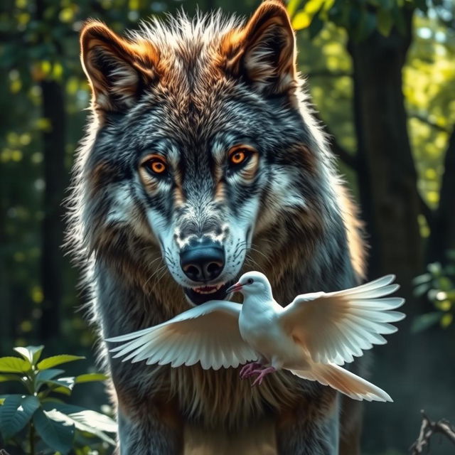 A dramatic scene depicting a wolf caught in the act of preying on a dove