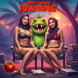 A vibrant, summer evening scene featuring two women in skimpy hijab swimsuits, one styled as a two-piece bandeau and the other as a one-shoulder high-neck bikini