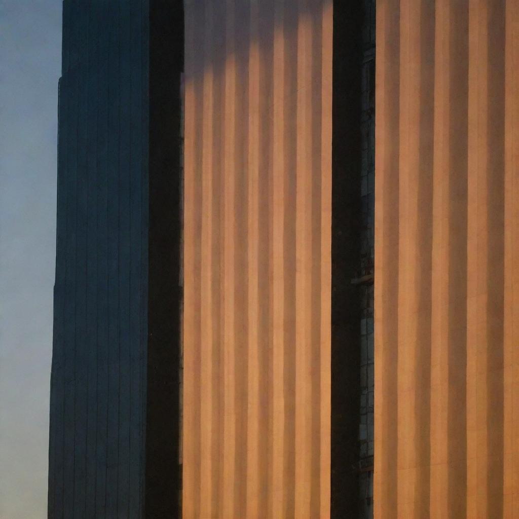 A long shadow cascading from the top of a skyscraper during sunset