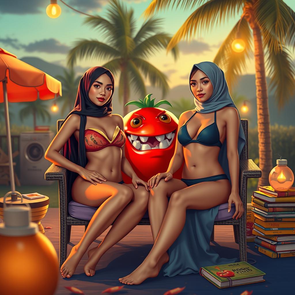 A vibrant, summer evening scene featuring two women in skimpy hijab swimsuits, one styled as a two-piece bandeau and the other as a one-shoulder high-neck bikini