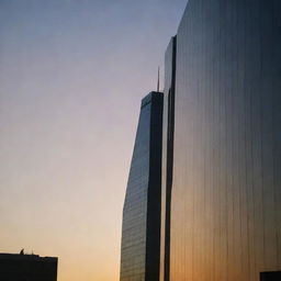 A long shadow cascading from the top of a skyscraper during sunset