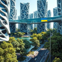 A futuristic bionic design of high-rise buildings featuring facades adorned with numerous flowing lines, showcasing a sleek and organic architectural style