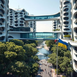 A futuristic bionic design of high-rise buildings featuring facades adorned with numerous flowing lines, showcasing a sleek and organic architectural style