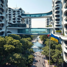 A futuristic bionic design of high-rise buildings featuring facades adorned with numerous flowing lines, showcasing a sleek and organic architectural style