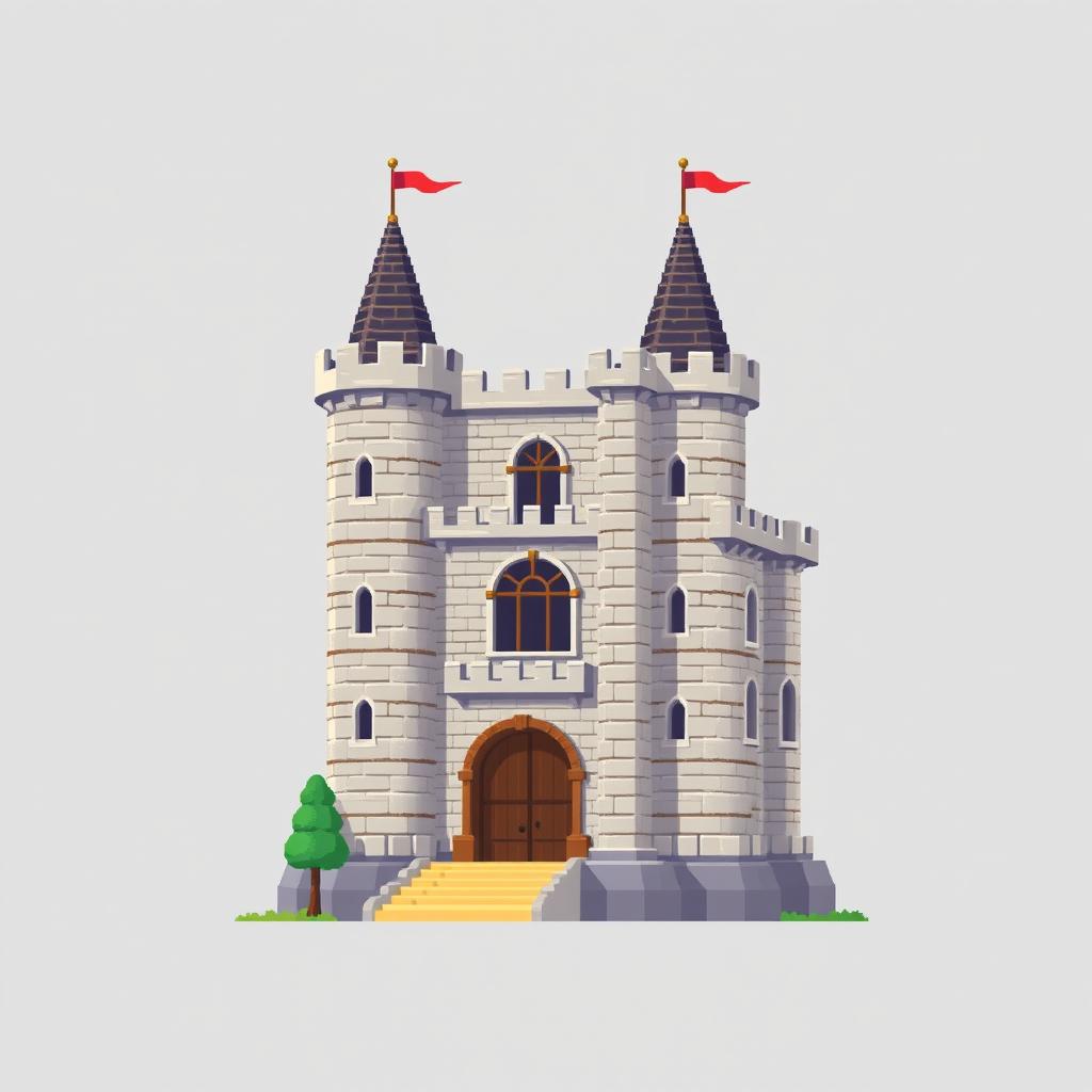 A side view of a pixelated medieval castle set against a plain empty background, rendered in a captivating pixel art style