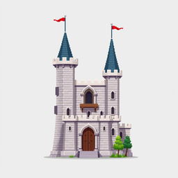 A side view of a pixelated medieval castle set against a plain empty background, rendered in a captivating pixel art style