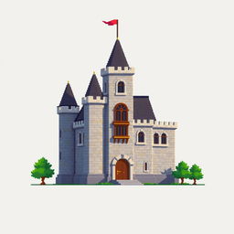 A side view of a pixelated medieval castle set against a plain empty background, rendered in a captivating pixel art style