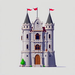 A side view of a pixelated medieval castle set against a plain empty background, rendered in a captivating pixel art style