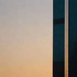 A long shadow cascading from the top of a skyscraper during sunset