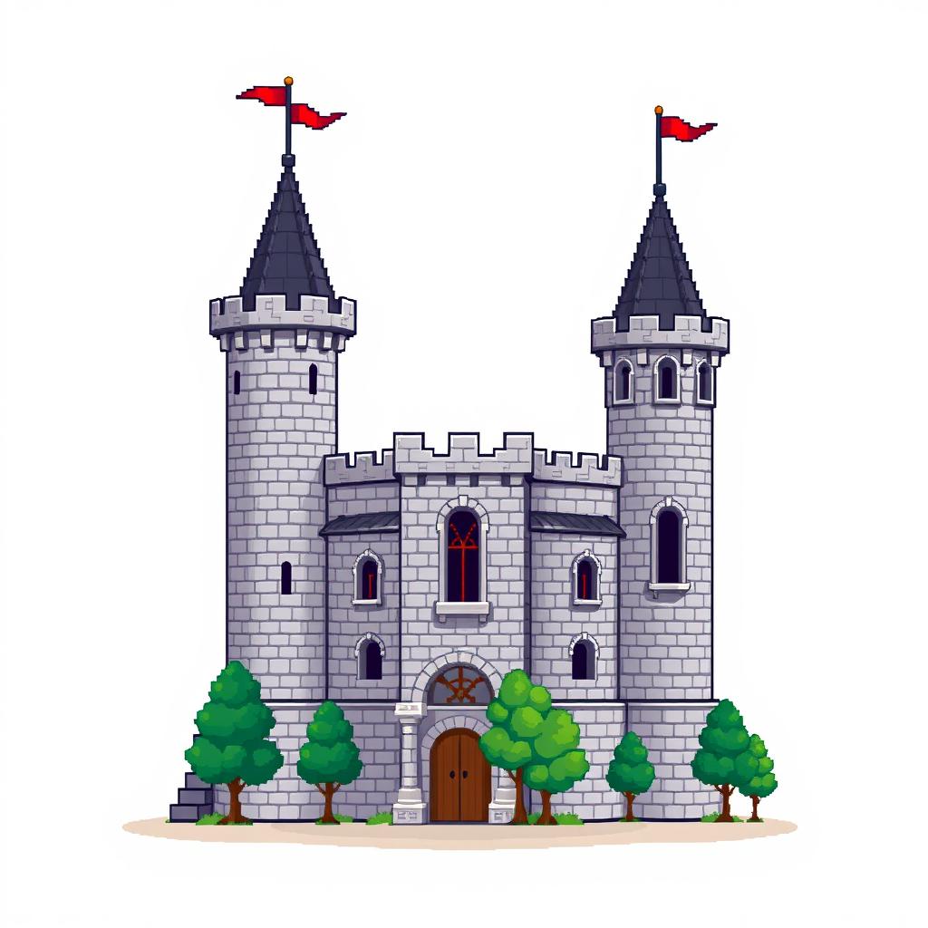 A side view of a pixelated castle depicted in a medieval pixel art style, set against a plain empty background