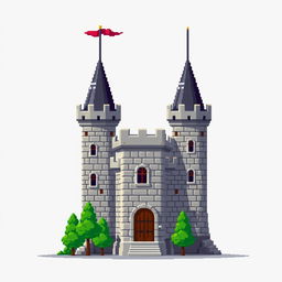 A side view of a pixelated castle depicted in a medieval pixel art style, set against a plain empty background