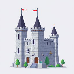 A side view of a pixelated castle depicted in a medieval pixel art style, set against a plain empty background