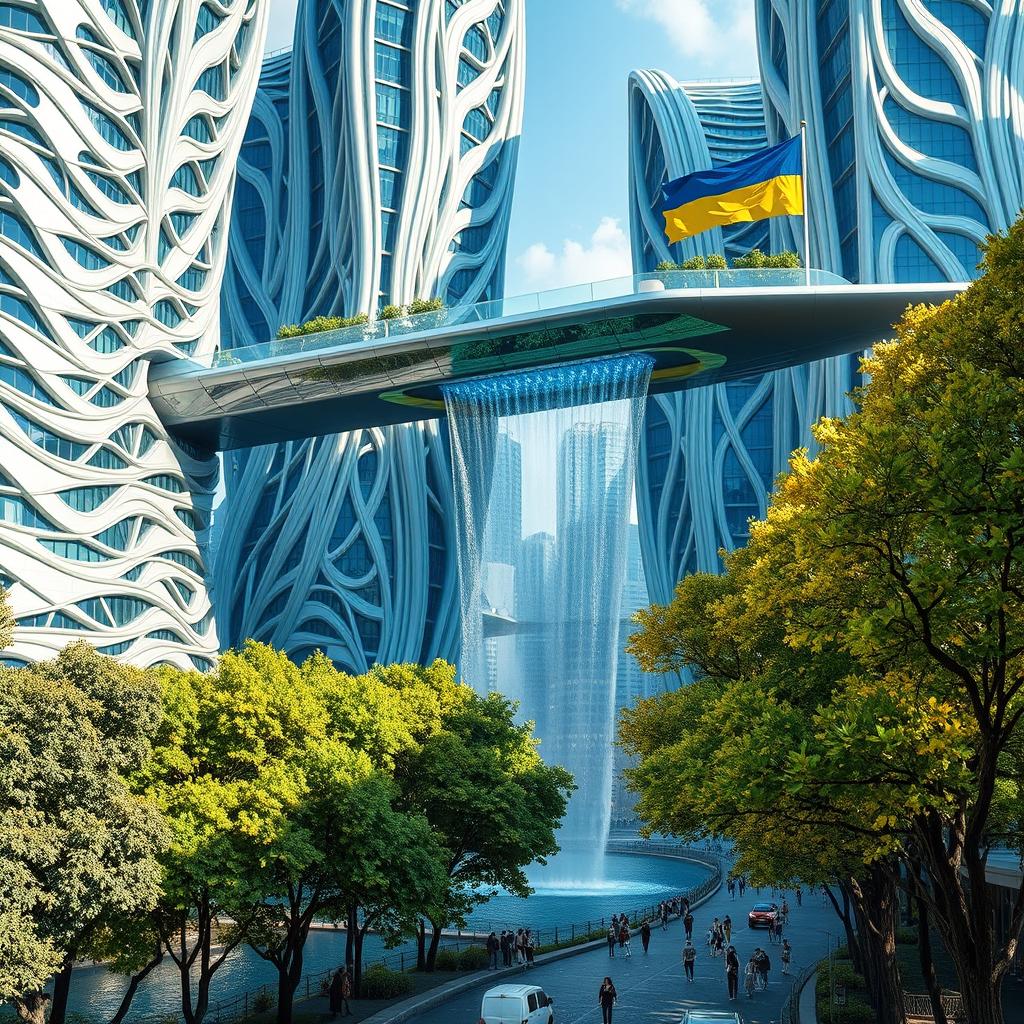 A futuristic bionic design of high-rise buildings featuring facades with many flowing lines, creating a dynamic and organic architectural appearance