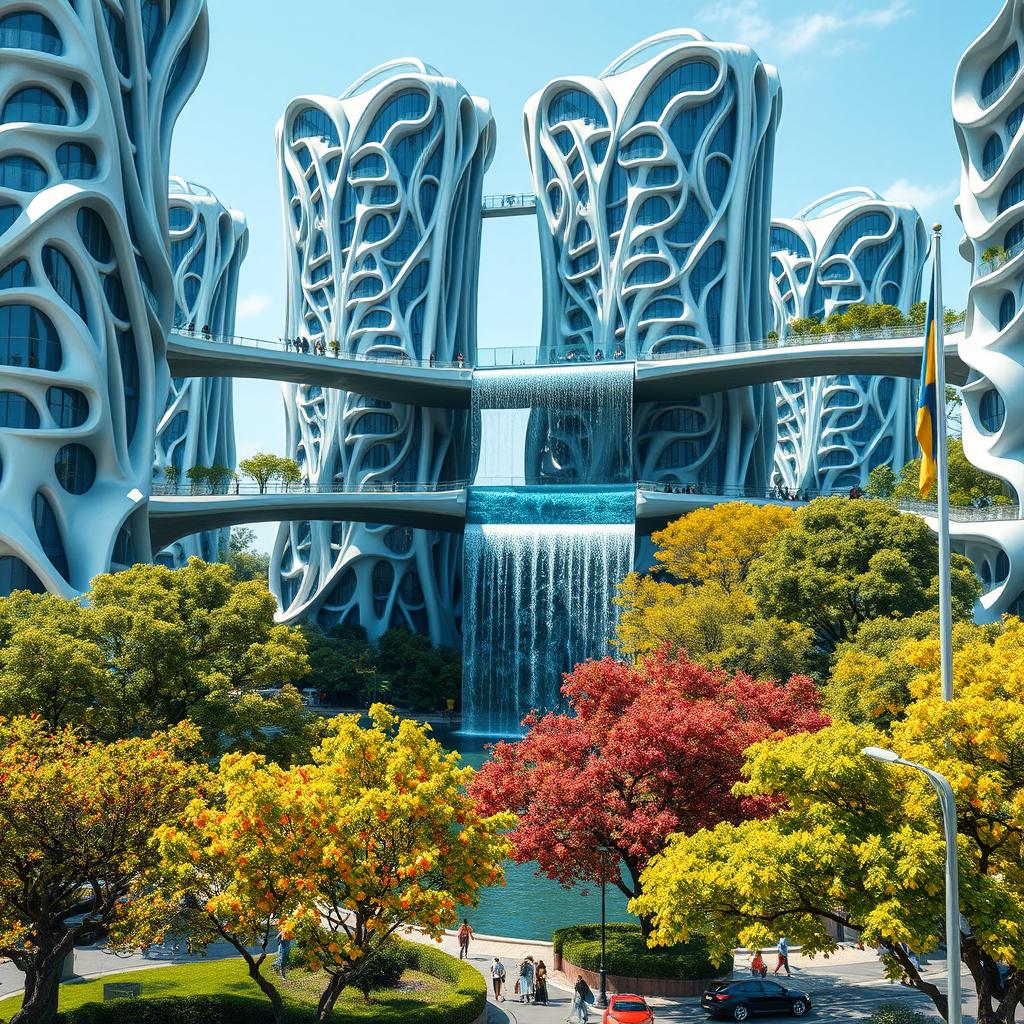 A futuristic bionic design of high-rise buildings featuring facades with many flowing lines, creating a dynamic and organic architectural appearance