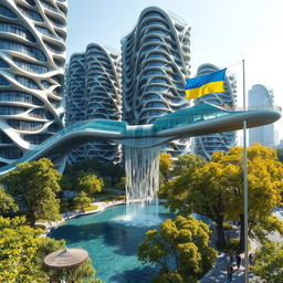 A futuristic bionic design of high-rise buildings featuring facades with many flowing lines, creating a dynamic and organic architectural appearance