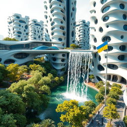 A futuristic bionic design of high-rise buildings featuring facades with many flowing lines, creating a dynamic and organic architectural appearance