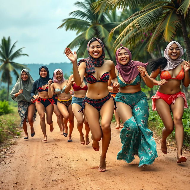 A vibrant scene featuring a diverse group of individuals joyfully running down a dirt road, showcasing various styles of skimpy hijab swimsuits including two-piece bandeau, string bikinis, one-shoulder tops, and high-neck designs