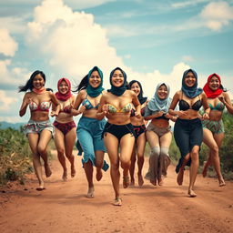 A vibrant scene featuring a diverse group of individuals joyfully running down a dirt road, showcasing various styles of skimpy hijab swimsuits including two-piece bandeau, string bikinis, one-shoulder tops, and high-neck designs