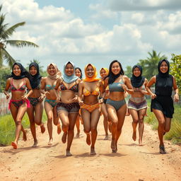 A vibrant scene featuring a diverse group of individuals joyfully running down a dirt road, showcasing various styles of skimpy hijab swimsuits including two-piece bandeau, string bikinis, one-shoulder tops, and high-neck designs