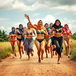 A vibrant scene featuring a diverse group of individuals joyfully running down a dirt road, showcasing various styles of skimpy hijab swimsuits including two-piece bandeau, string bikinis, one-shoulder tops, and high-neck designs