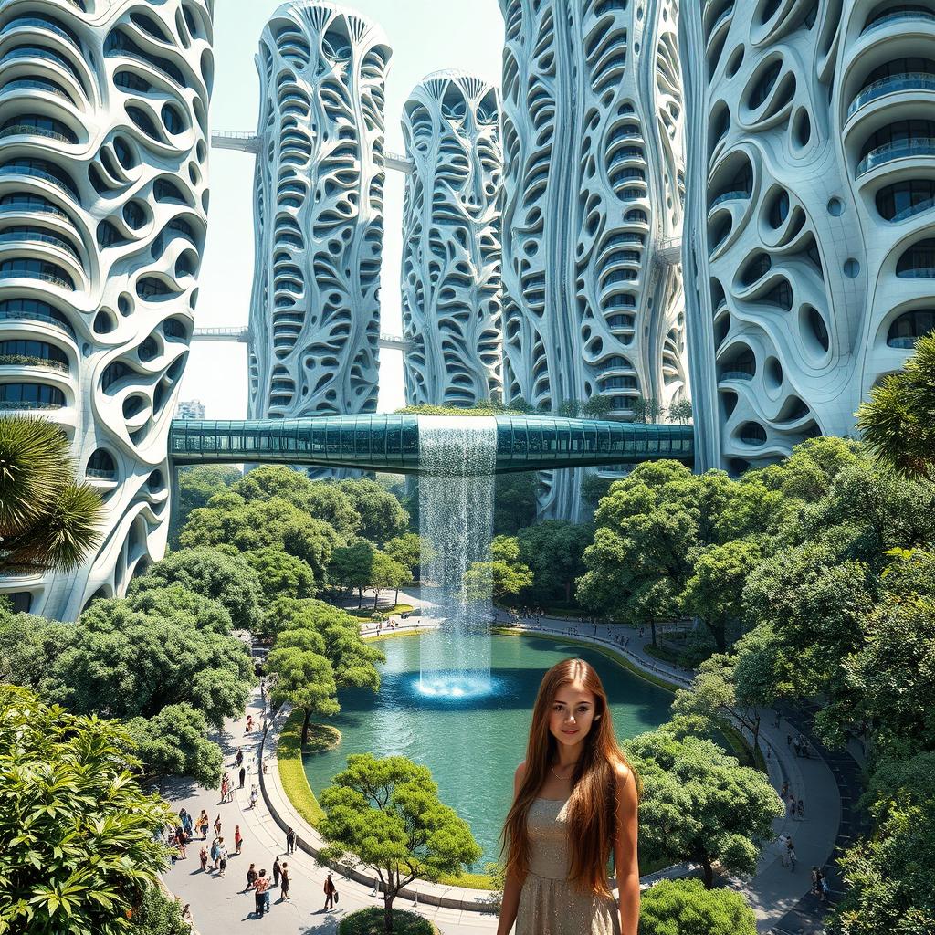 A futuristic bionic design of high-rise buildings showcasing facades with numerous flowing lines, creating a visually striking and organic architectural appearance