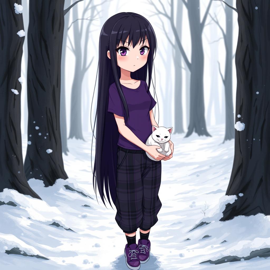 An anime girl with long, straight dark hair down to her waist, having striking violet eyes and pale skin