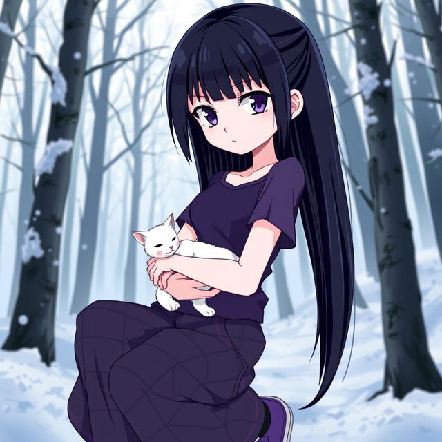 An anime girl with long, straight dark hair down to her waist, having striking violet eyes and pale skin