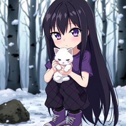 An anime girl with long, straight dark hair down to her waist, having striking violet eyes and pale skin