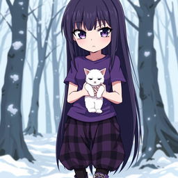 An anime girl with long, straight dark hair down to her waist, having striking violet eyes and pale skin