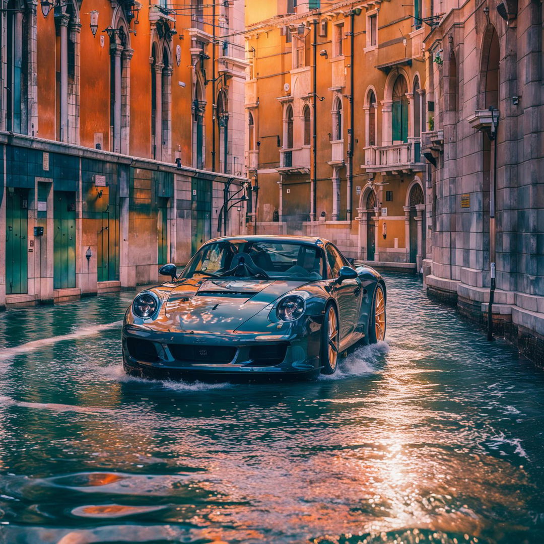 32k HD editorial photograph of a black Porsche 911 drifting on a wet Venetian street, water splashing behind, taken by Amy Shore.