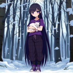 Anime girl with long, straight dark hair reaching her waist, having vibrant purple eyes and pale skin